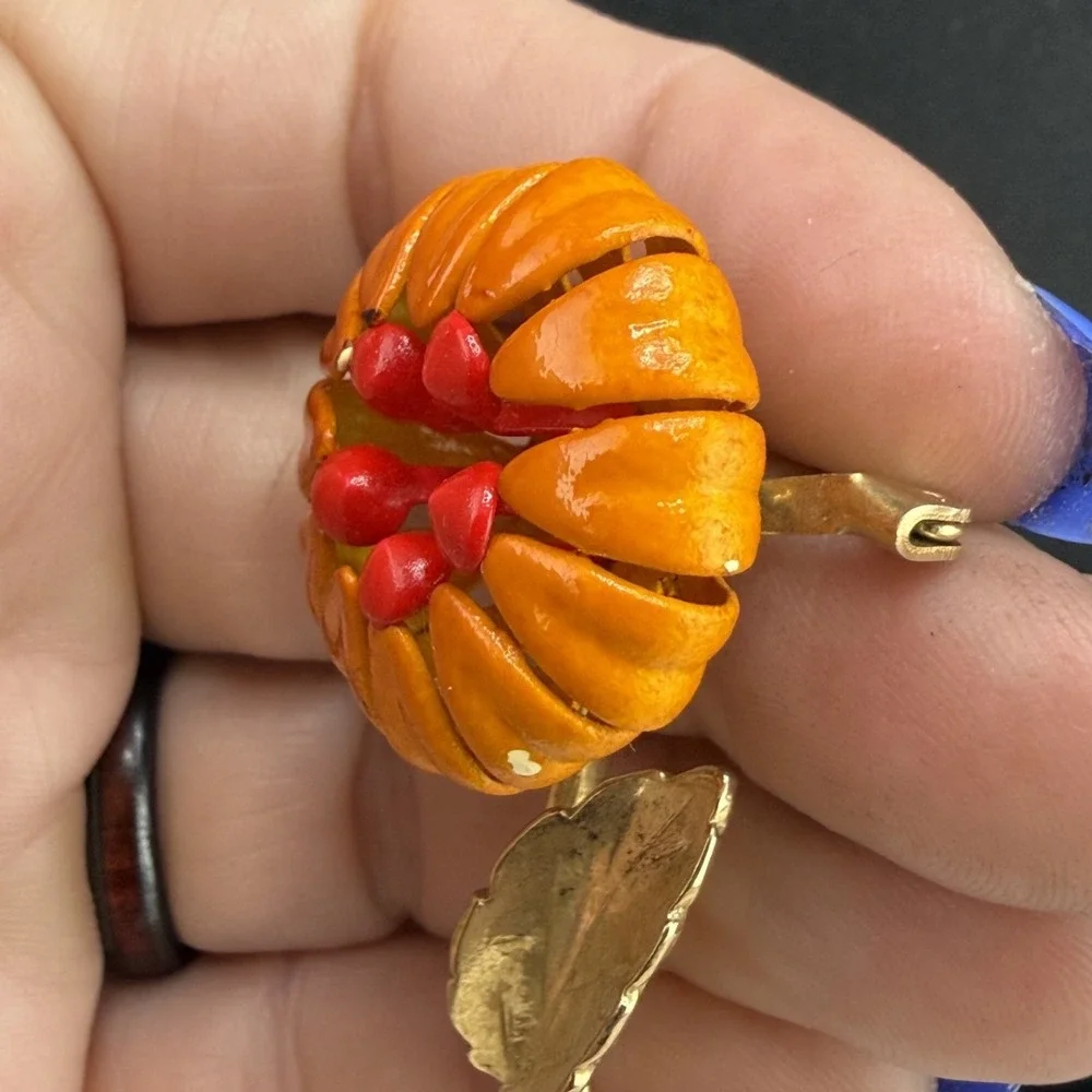 Vintage Enamel Flower Brooch‎ Orange MCM Mod 2